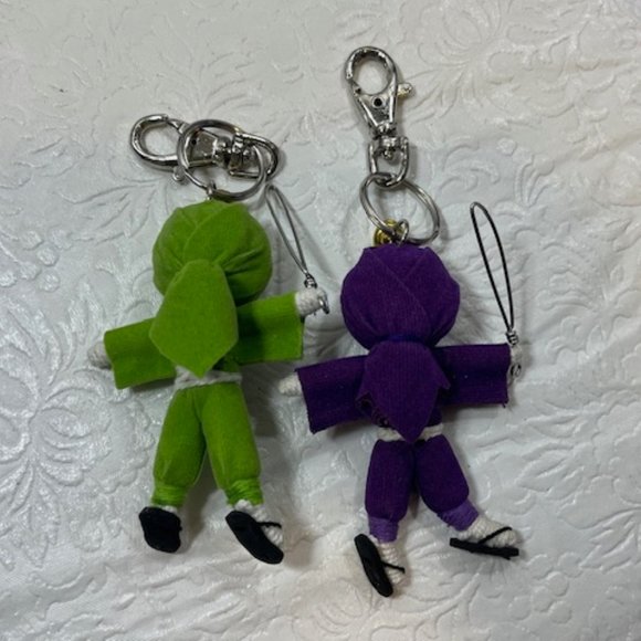 TWO Ninja String Doll Keychain Toys w/Swords Purple/Lime Green 2.5" x 3" NEW - Picture 2 of 9